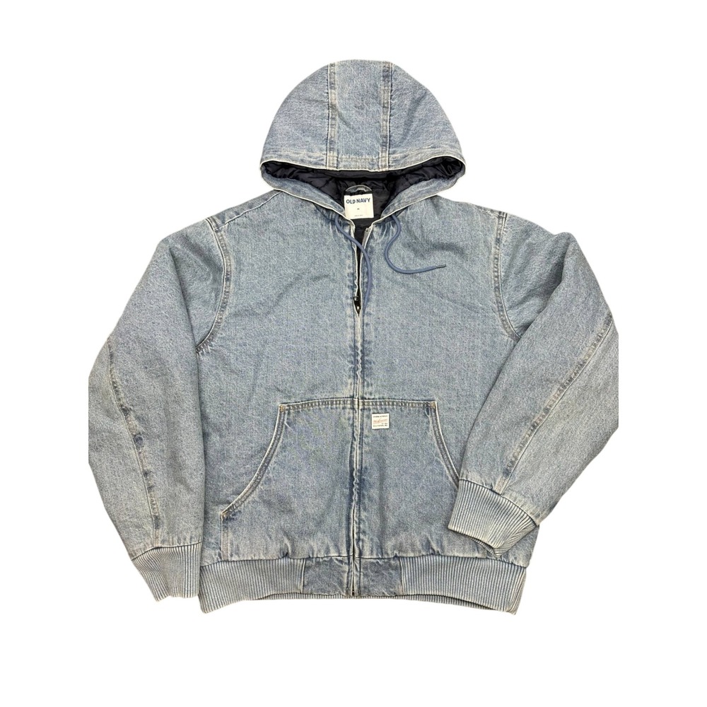 Old Navy Mens‎ Light Wash Denim Hooded Quilted Lined Bomber Jacket Blue Size M